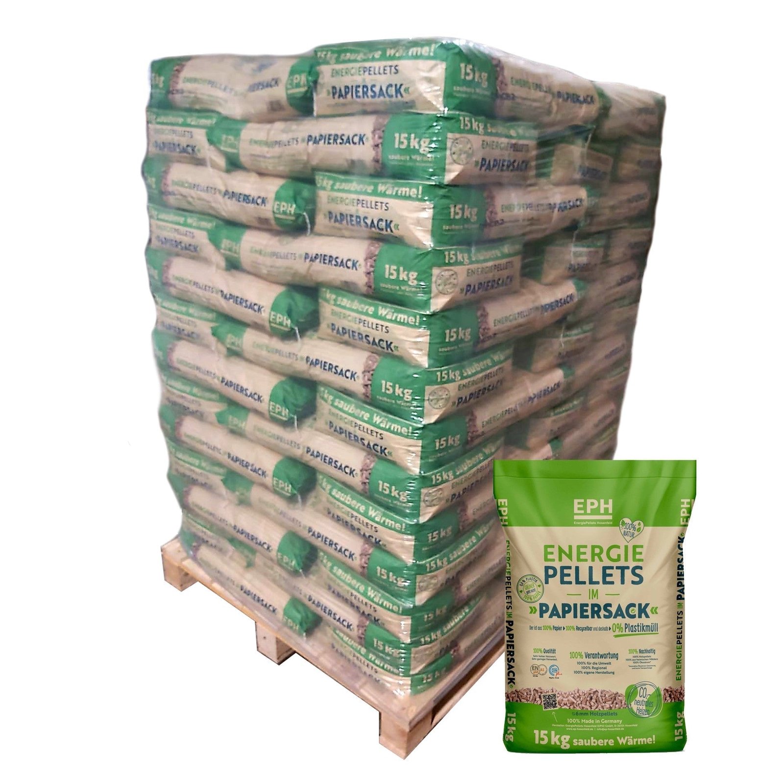 EPH Holzpellets – 6 mm – DINplus A1 – 975 kg – 65 × 15 kg Säcke
